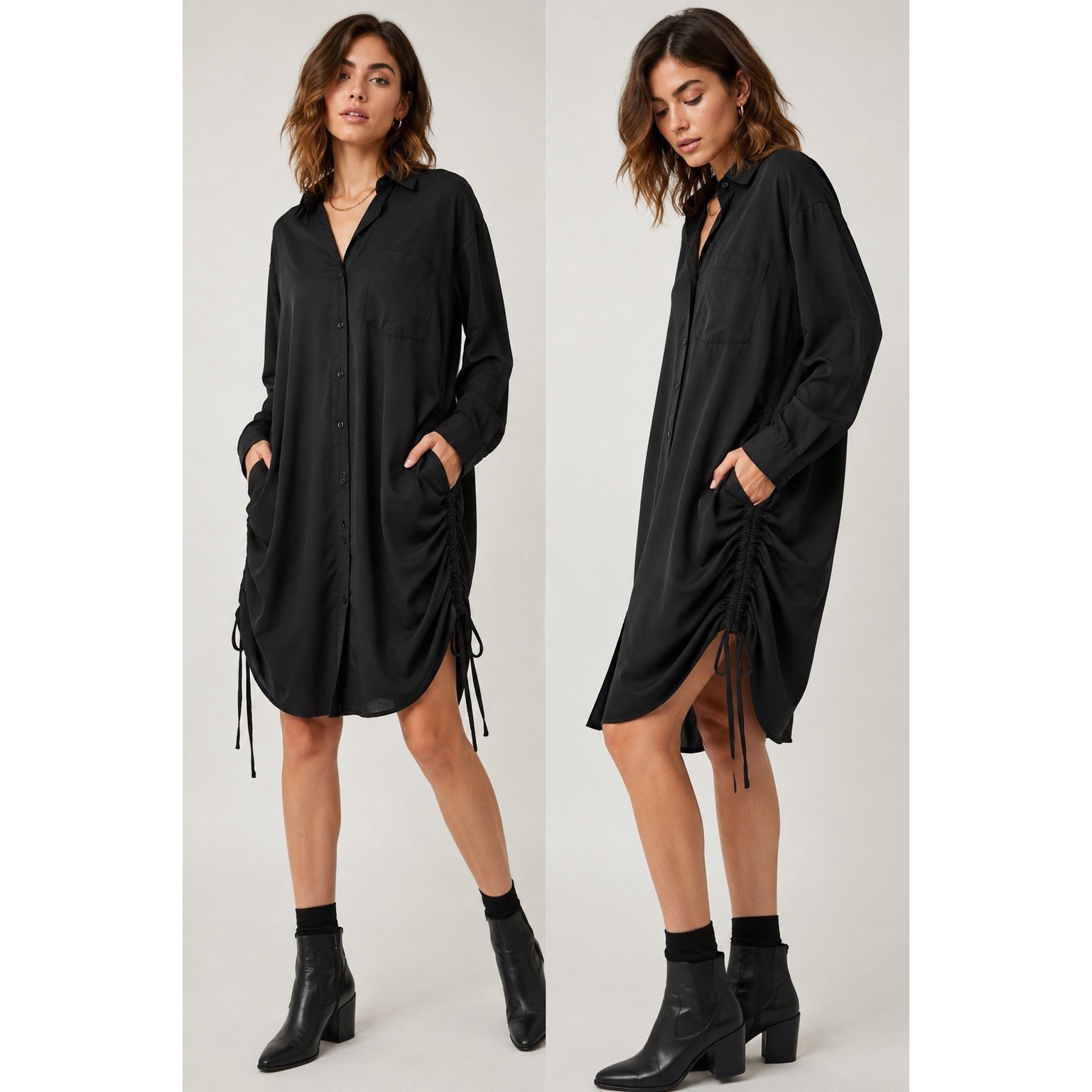 Skingraft Black Shirt Dress Large Ruched Drawstring Gothic Avant Garde